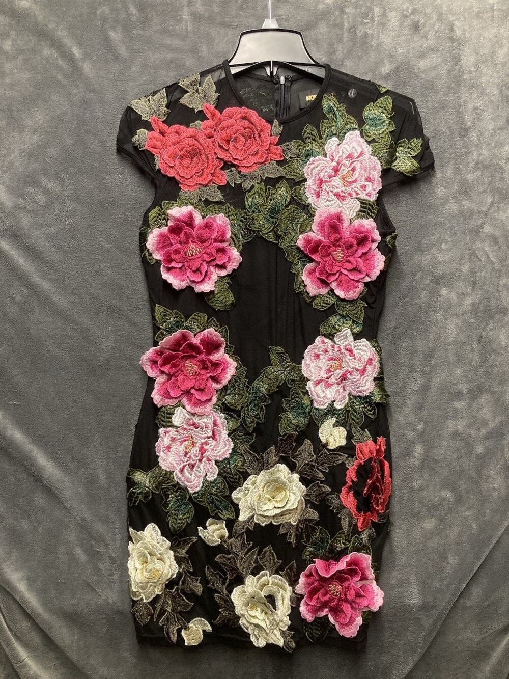 NovaLuxe 3D Floral Appliqué Mesh Mini Dress Black Pink Whimsigoth Bodycon Sz S